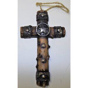 Wood look cross with sheriff's star and silver details 5.5 x 3.5